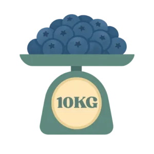 Caricatura de una pesa con diez kilos de arándanos encima