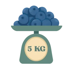 Caricatura de una pesa con cinco kilos de arandanos encima