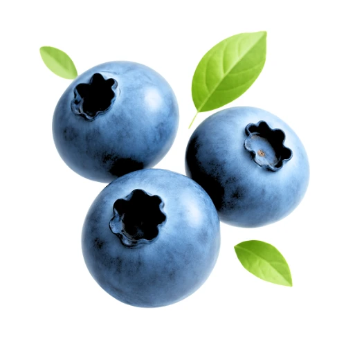 Representación tridimensional de unos arándanos frescos con unas hojas verdes y fondo amarillo